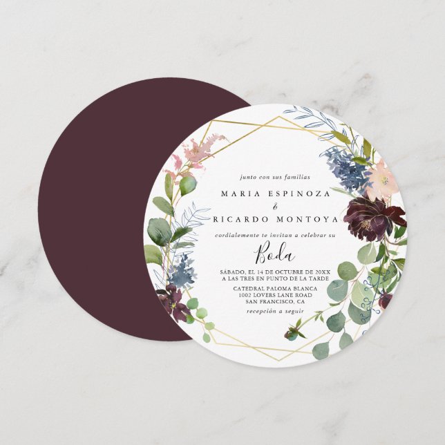 Invitación Boda español geométrico de oro de Borgoña (Anverso / Reverso)