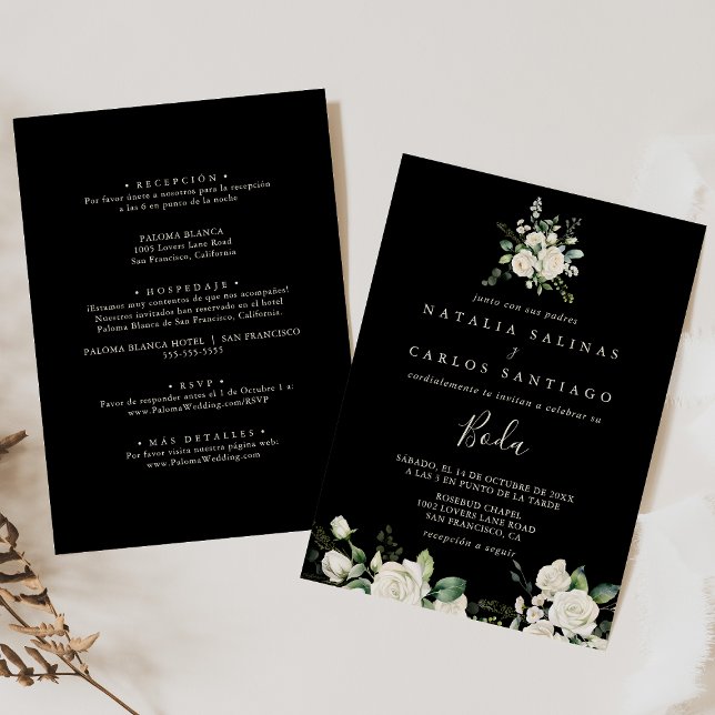 Invitación Boda español moderno con flores de marfil y frente (Subido por el creador)