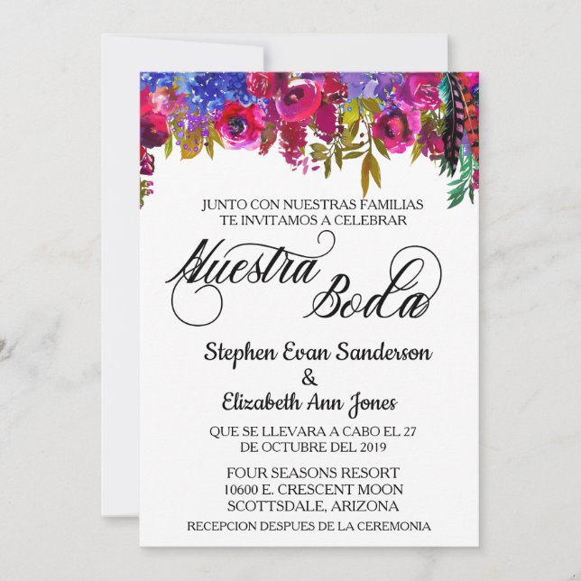 Invitación Boda español Negrita Boho Flor Nuestra Boda (Anverso)