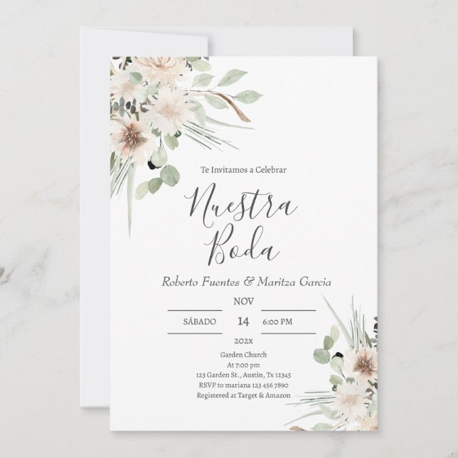 Invitación Boda español Sage Green Floral (Anverso)