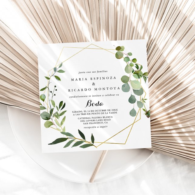 Invitación Boda español verde tropical geométrico de oro (Subido por el creador)