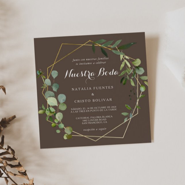 Invitación Boda español verde verde de oro geométrico (Subido por el creador)