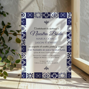 Invitación Boda Española Azul Marino Blanco Talavera Mayólica