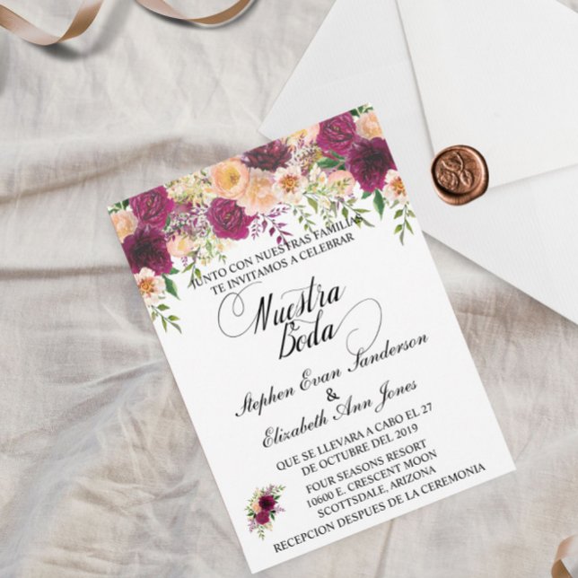 Invitación Boda española Borgoña Rosa Rubor Floral (Subido por el creador)