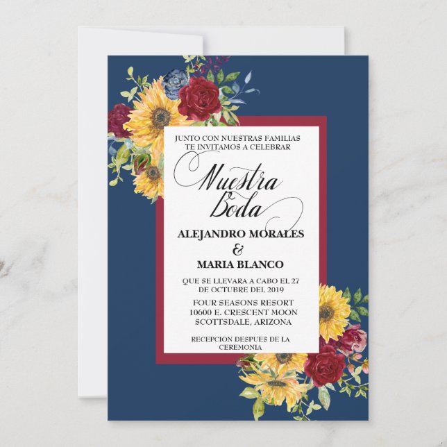 Invitación Boda española Burgundy Sunflower Nuestra Boda (Anverso)