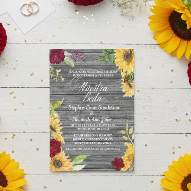 Invitación Boda española Burgundy Sunflower Nuestra Boda (Subido por el creador)