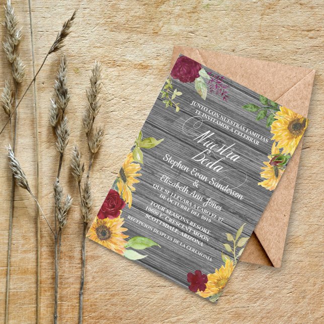Invitación Boda española Burgundy Sunflower Nuestra Boda (Subido por el creador)