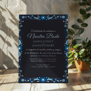Invitación Boda Española Clásica Elegante con Flores Azules