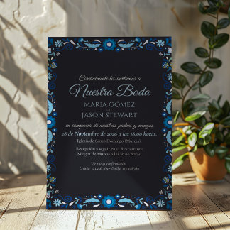 Invitación Boda Española Clásica Elegante con Flores Azules