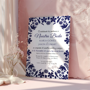 Invitación Boda Española Clásica Estética Floral Azul Marino