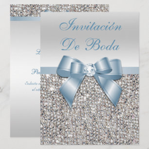Invitación Boda española con lazo de polvo azul falso de lent