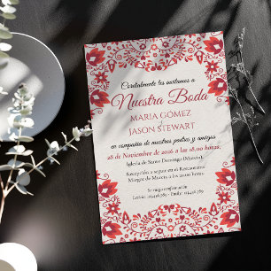 Invitación Boda Española de Arte Popular Floral Rojo Tradicio
