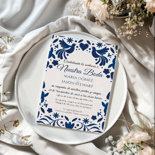 Invitación Boda española elegante floral azul otomí