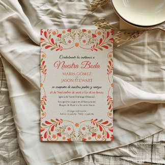 Invitación Boda Española Elegante Floral Naranja Rojo Dorado