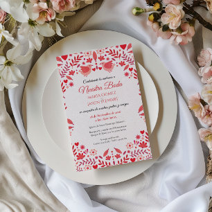Invitación Boda Española Estética Elegante Floral Rosa Rojo