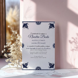 Invitación Boda Española Fiesta Sencilla Otomi Floral Azul