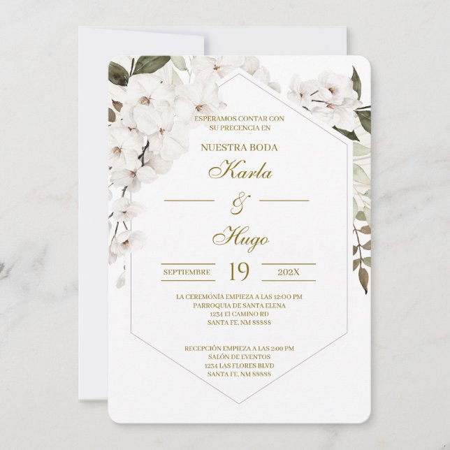 Invitación Boda española floral boho blanca (Anverso)