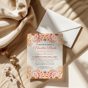 Invitación Boda Española Floral Mariposa Amarillo Naranja Roj