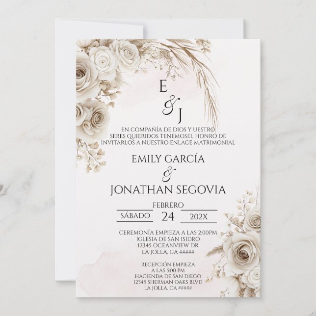 Invitación Boda española floral pampas boho (Anverso)