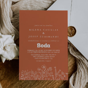Invitación Boda Española Minimalista de Terracota con Flores
