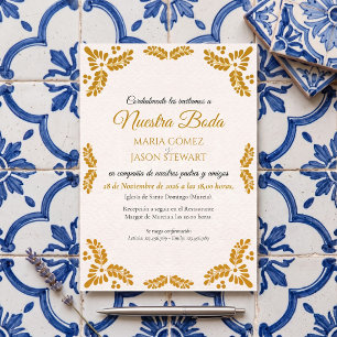 Invitación Boda Española Minimalista Floral Amarillo Talavera