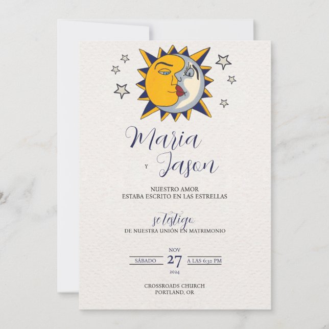 Invitación Boda española mística celestial de sol luna estrel (Anverso)