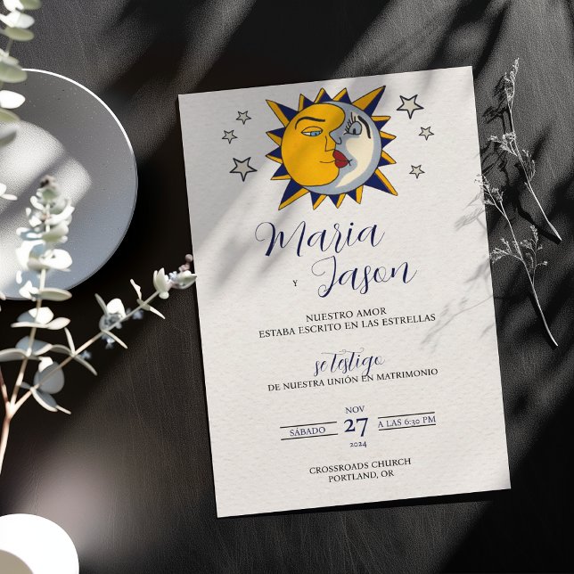 Invitación Boda española mística celestial de sol luna estrel (Sun Moon Stars Mystical Celestial Spanish Wedding Invitation)