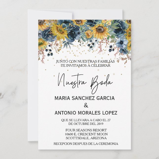 Invitación Boda española Nuestra Boda Azul Girasol (Anverso)