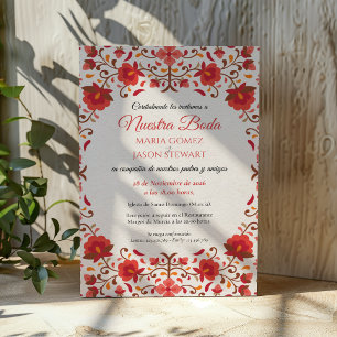 Invitación Boda Española Romántica Estética Floral Rosa Rojo