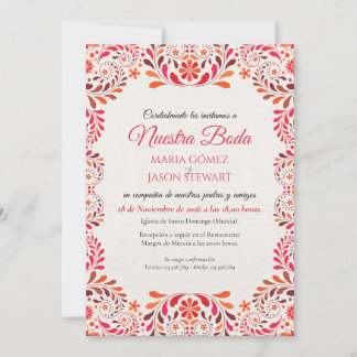 Invitación Boda Española Romántica Floral Botánica Rosa Roja
