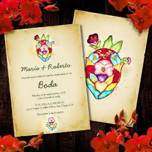 Invitación Boda española, rustica del corazón floral mexicano