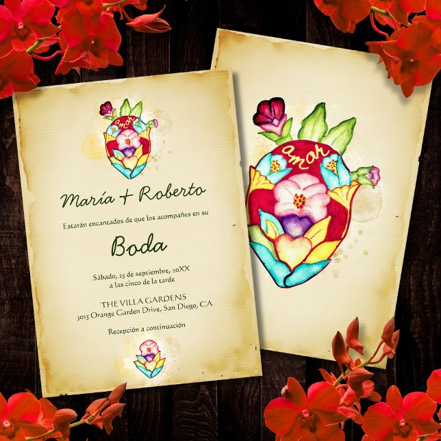 Invitación Boda española, rustica del corazón floral mexicano (Subido por el creador)