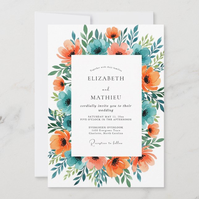 Invitación Boda espléndida de verano naranja turquesa (Anverso)