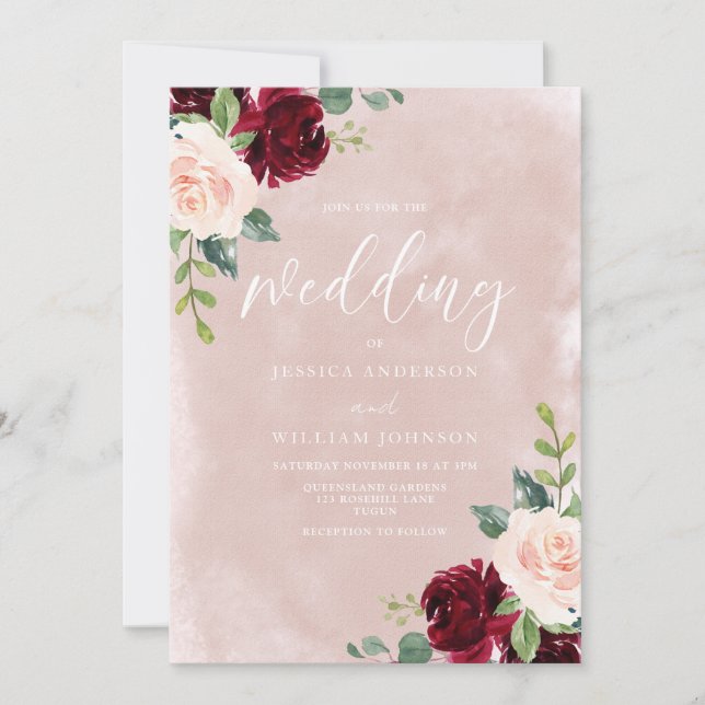 Invitación Boda espléndido: Rubor y Borgoña elegante boda (Anverso)