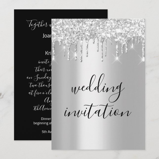 Invitación Boda espumoso de rayas gris color blanco negro (Anverso / Reverso)