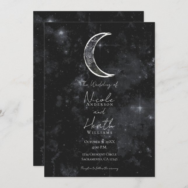 Invitación Boda estelar de noche celestial de la luna blanca  (Anverso / Reverso)