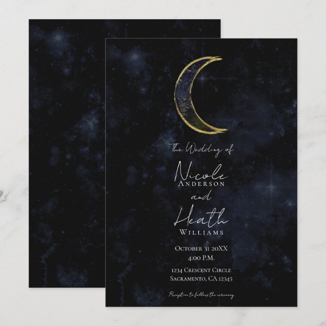 Invitación Boda Estelar Noche Celestial Luna Negra Oro (Anverso / Reverso)