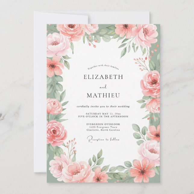 Invitación Boda Estética Floral Rosado (Anverso)