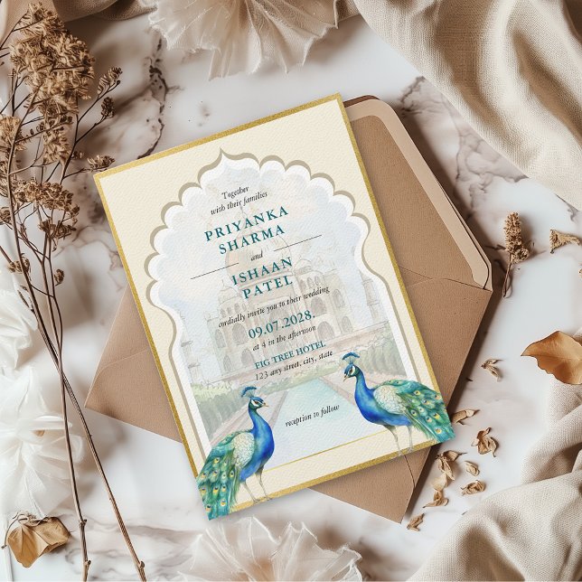 Invitación Boda estético del Taj Mahal de Oro Peacock Indio (Gold Teal Blue Peacock Indian Wedding Arch Traditional Punjabi Hindu Taj Mahal Aesthetic Colorful)