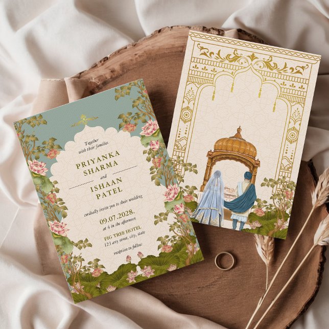 Invitación Boda estético floral de arco indio (Indian Wedding Invitation Floral Teal Lotus Roses Gold Punjabi Hindu Wedding)
