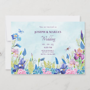 Invitación Boda estético floral de color morado azul