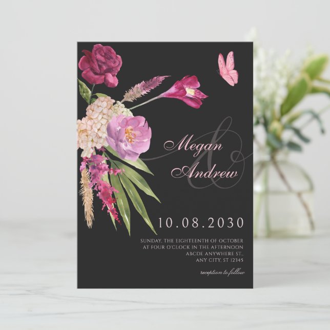 Invitación Boda estético floral negro (Anverso de pie)