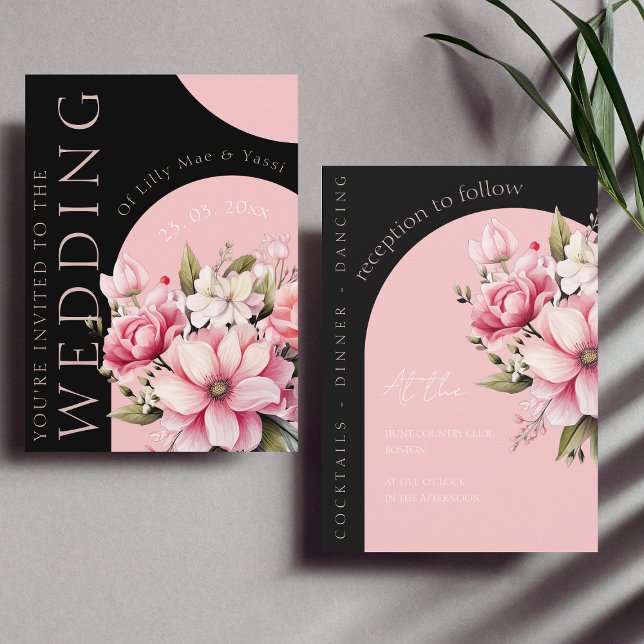 Invitación Boda estético floral negro arca rosada oscuro (Subido por el creador)