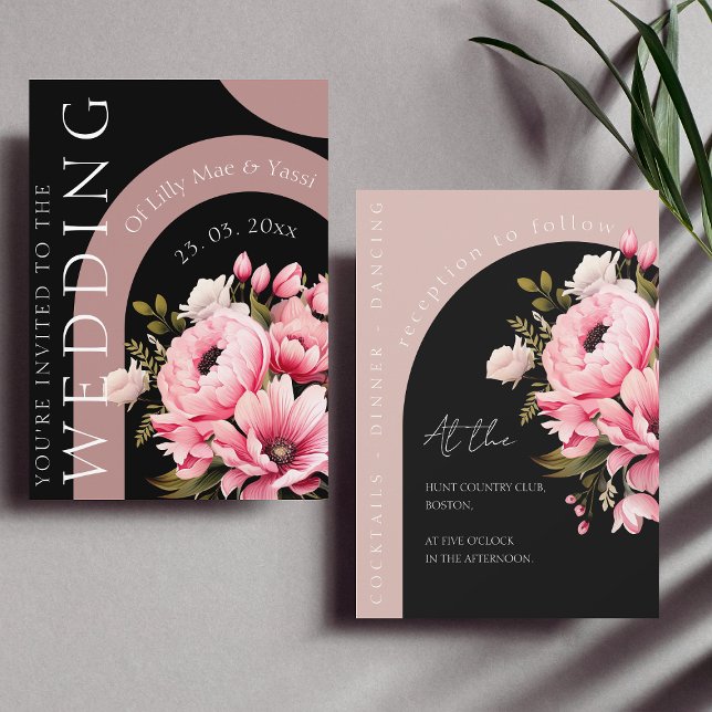 Invitación Boda estético floral negro arca rosada oscuro (Subido por el creador)
