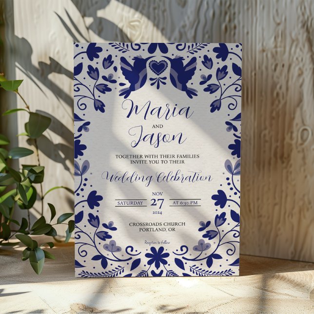 Invitación Boda estético romántico floral azul mexicano (Mexican Blue Floral Romantic Aesthetic Wedding Invitation)
