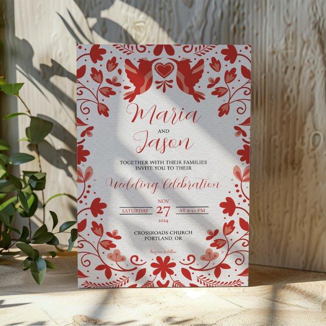 Invitación Boda estético romántico floral rojo mexicano (Mexican Red Floral Romantic Aesthetic Wedding Invitation)