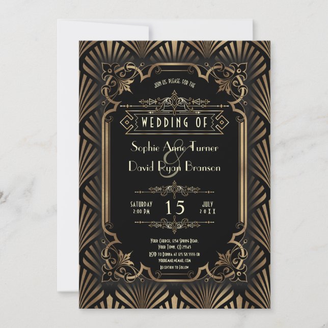 Invitación Boda estilo Gatsby años 20 dorado negro Art Déco g (Anverso)