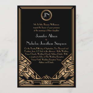 Invitación Boda estilo Gatsby de Art Deco de Oro Negro Invita