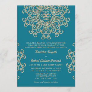 INVITACIÓN BODA ESTILO INDIO EN AZUL AQUAMARINA Y DORADO