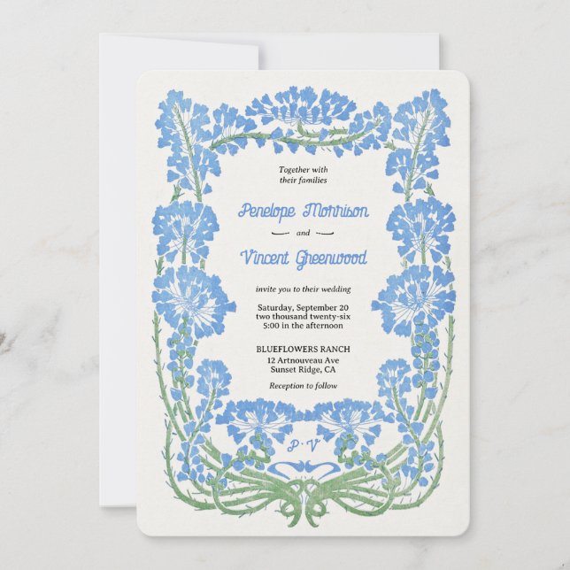 Invitación Boda estilo Letterpress de Flores Azules Silvestre (Anverso)